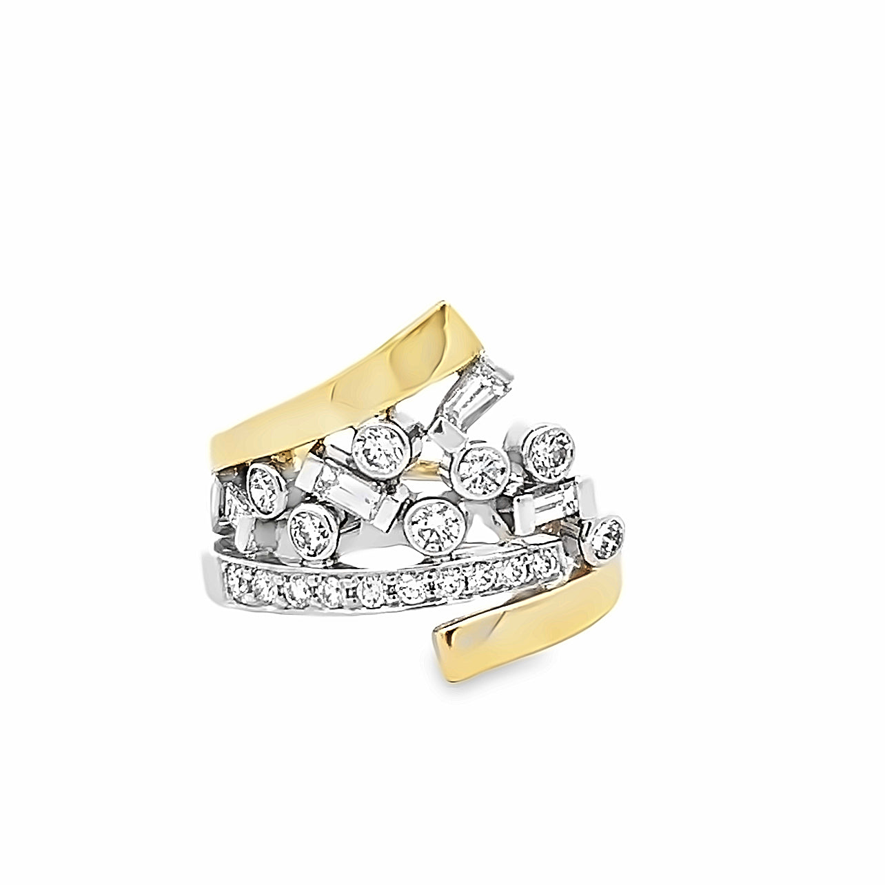 14k Two Tone Yellow and White Gold Round and Baguette Diamond Bypass Ring by Paul Richter (1.22ctw.)