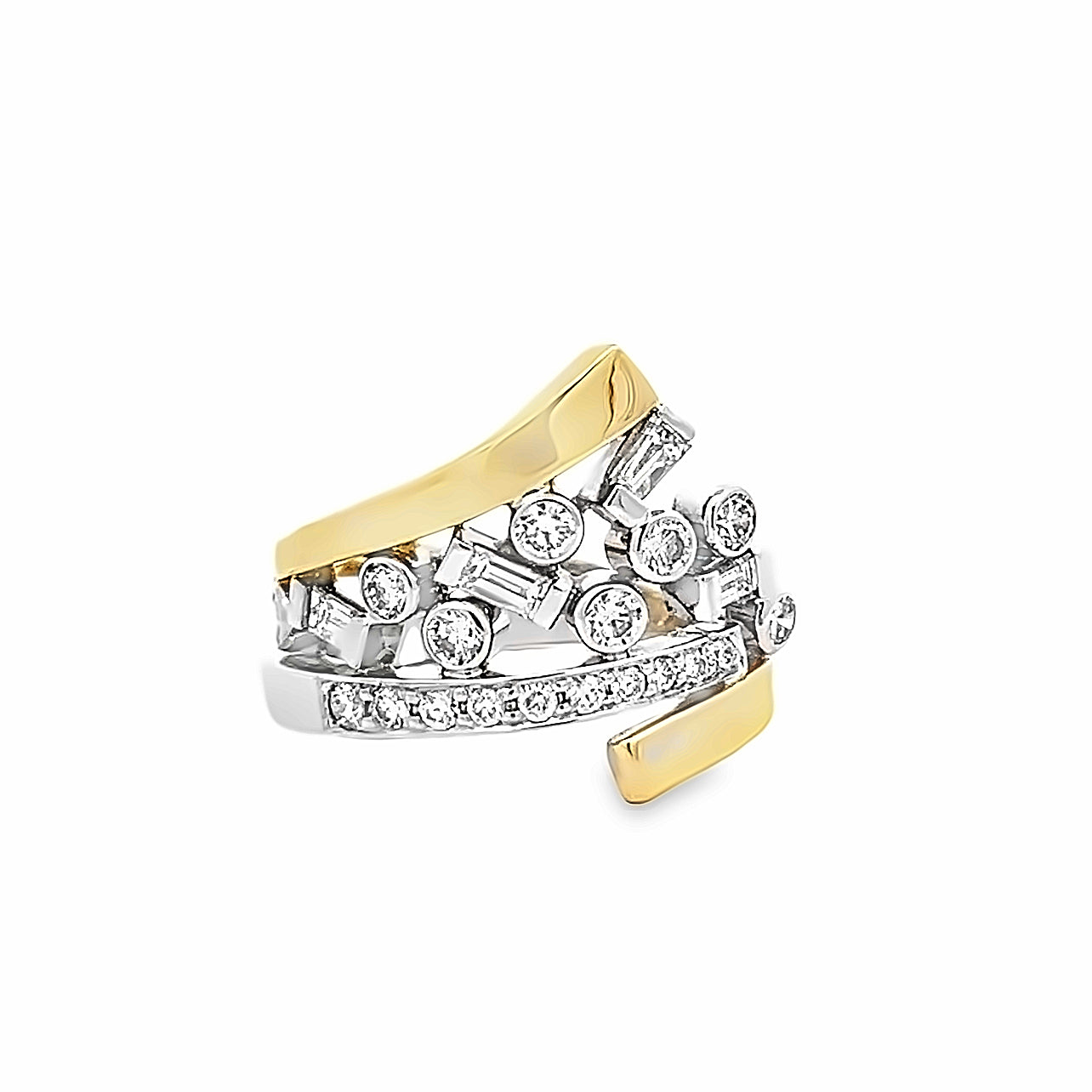 14k Two Tone Yellow and White Gold Round and Baguette Diamond Bypass Ring by Paul Richter (1.22ctw.)