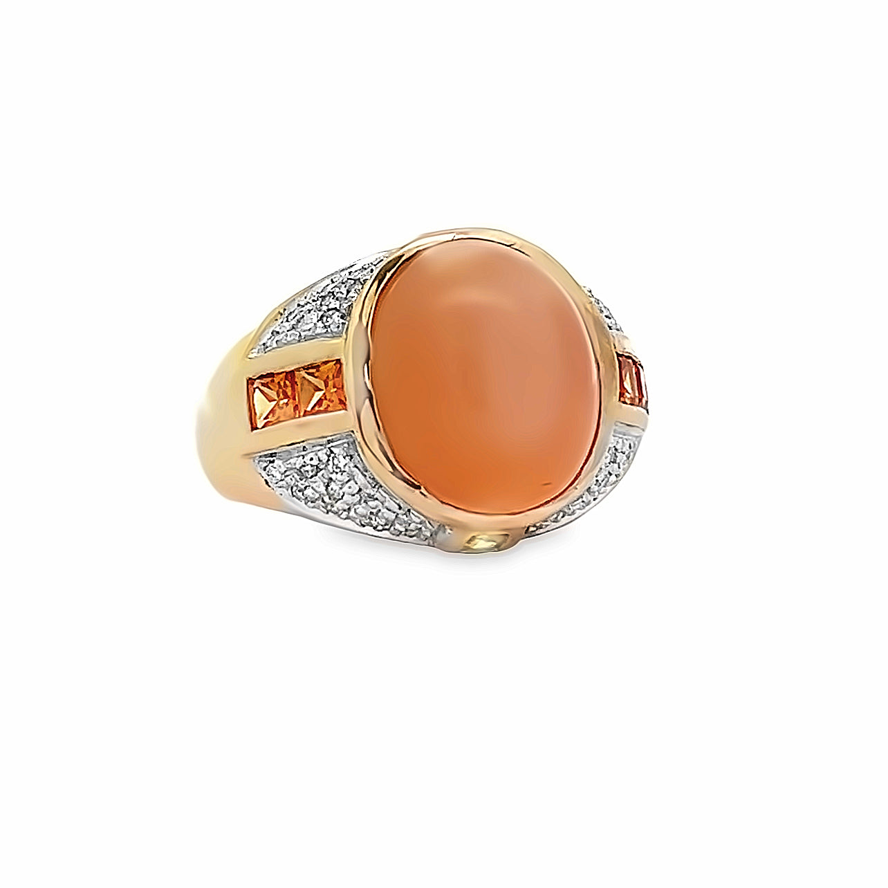 14k Yellow Gold Oval Pink Moonstone, Garnet and Diamond Ring (5.82ct.)