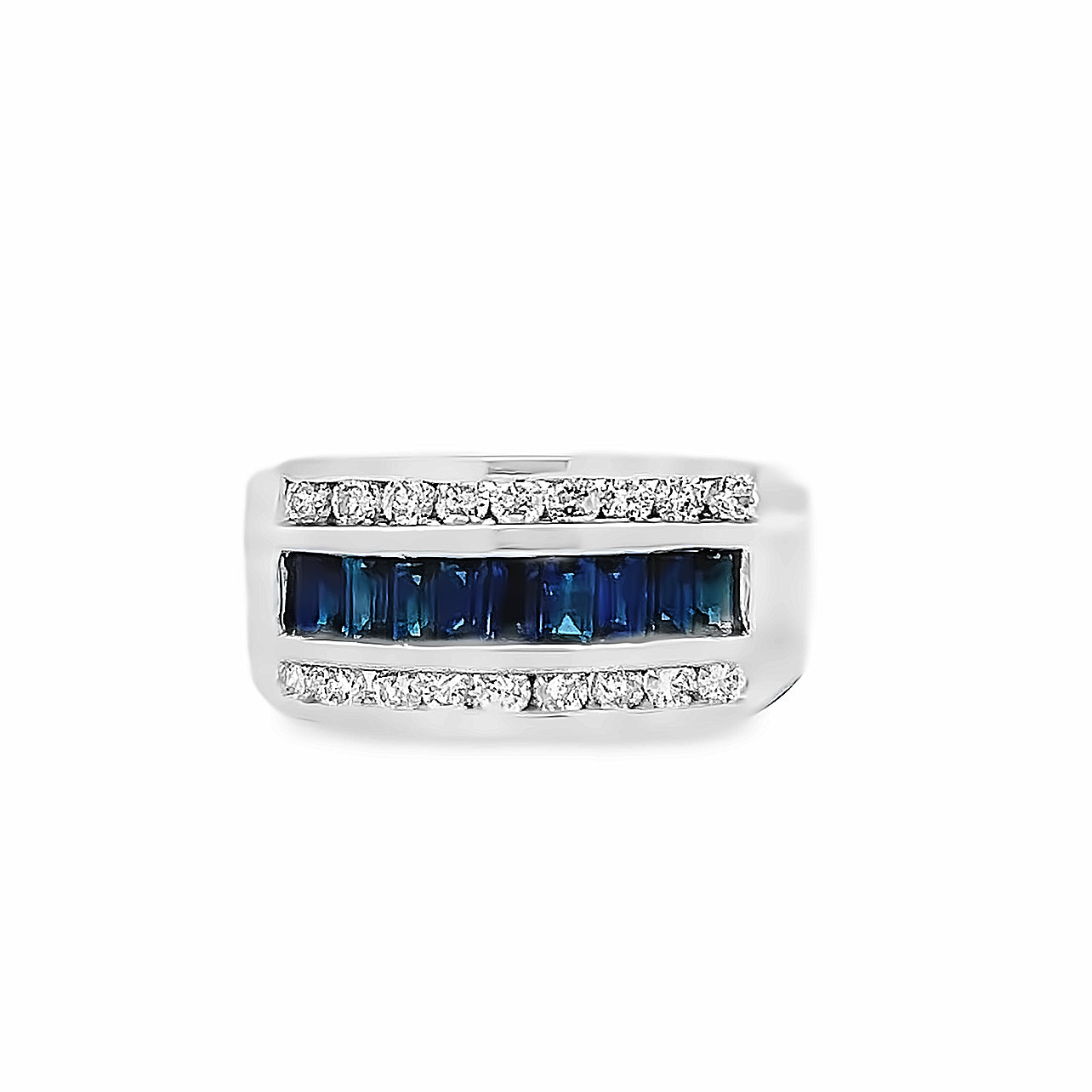 14k White Gold Men's Baguette Cut Sapphire and Round Diamond Channel Set Ring (1.0ctw.)