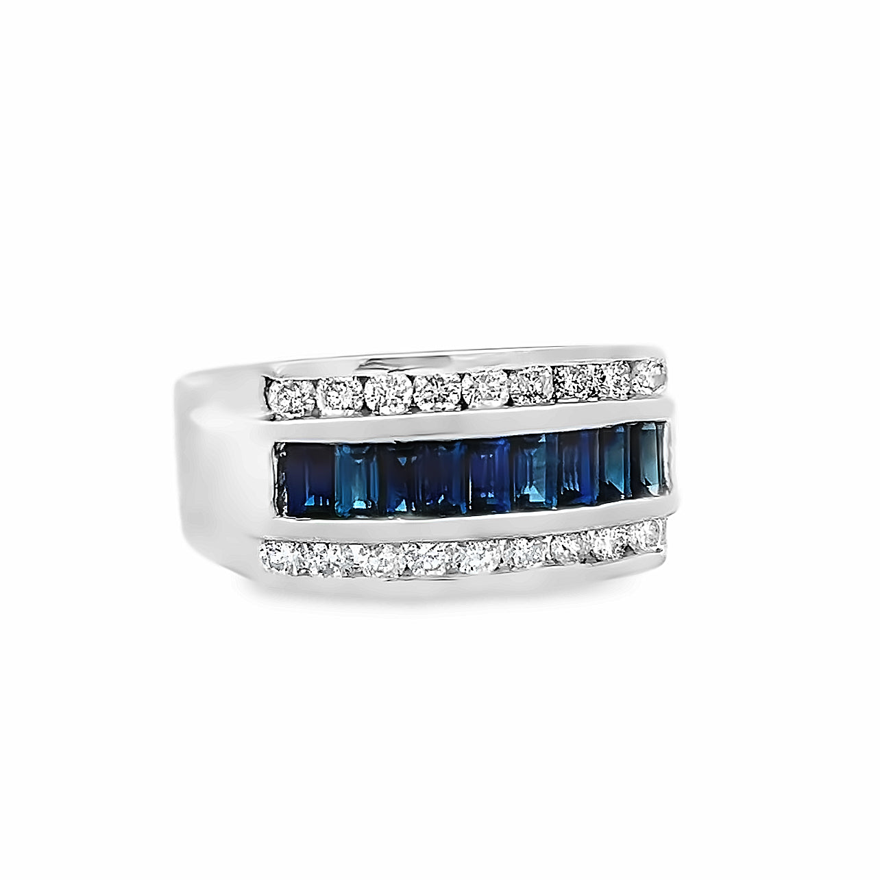 14k White Gold Men's Baguette Cut Sapphire and Round Diamond Channel Set Ring (1.0ctw.)