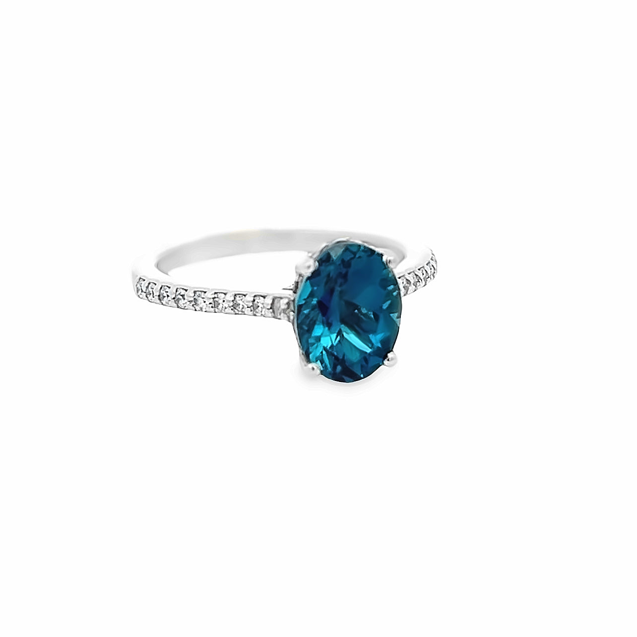 14k White Gold Oval London Blue Topaz and Diamond Prong Set Hidden Halo Ring (2.42ct.)