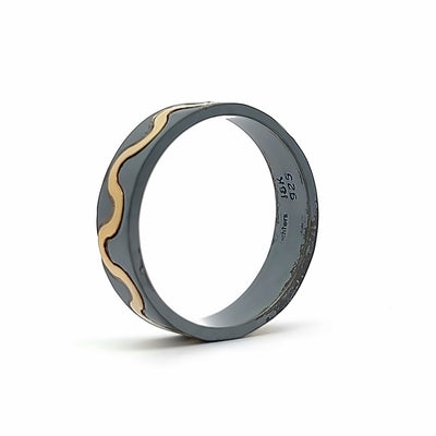 Oxidized Sterling Silver and 18k Yellow Gold Men's Pathways Band by Paul Richter