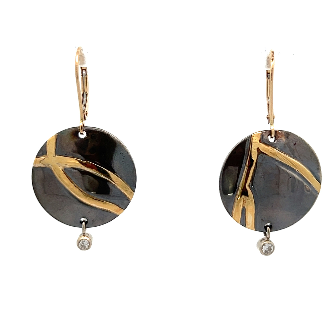Oxidized Sterling Silver and 18k Yellow Gold Pathways Diamond Earrings by Paul Richter (0.10ctw)