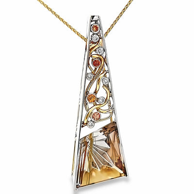14k White and Yellow Gold Rutilated Quartz, Padparadscha Sapphire and Diamond Racine Pendant by Paul Richter (20.98ct.)