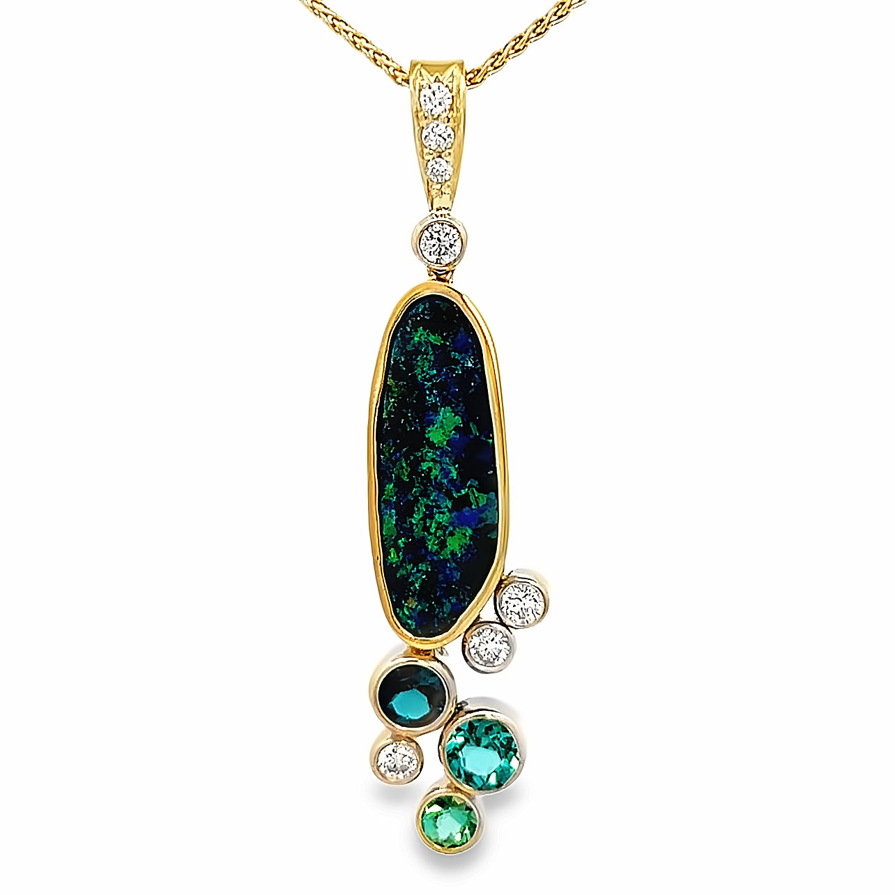 18k Yellow Gold and 14k White Gold Opal, Tourmaline and Diamond Pendant by Paul Richter 4.40ct.)