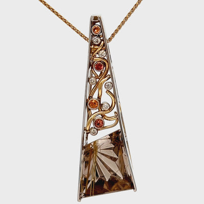 14k White and Yellow Gold Rutilated Quartz, Padparadscha Sapphire and Diamond Racine Pendant by Paul Richter (20.98ct.)