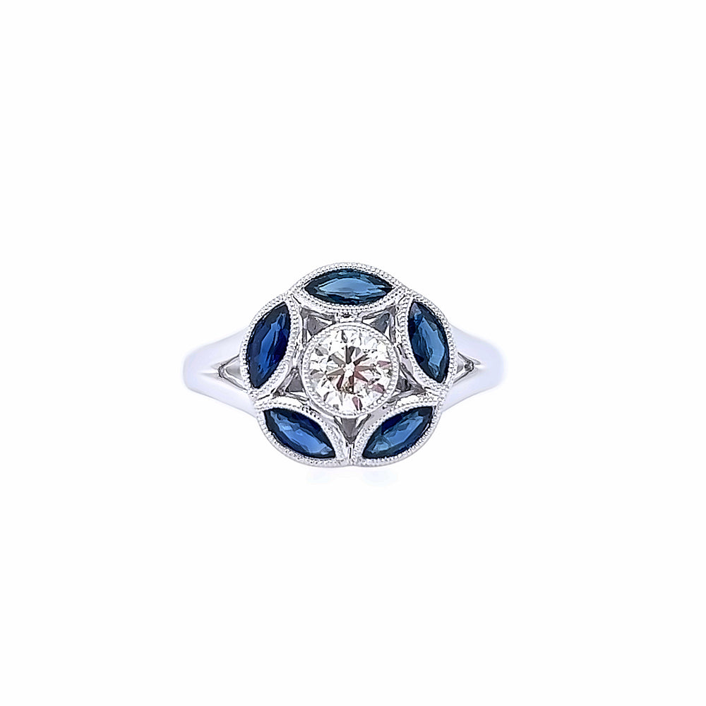 14k White Gold Round Diamond and Marquise Sapphire Halo Ring (0.50ct.)