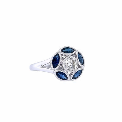 14k White Gold Round Diamond and Marquise Sapphire Halo Ring (0.50ct.)