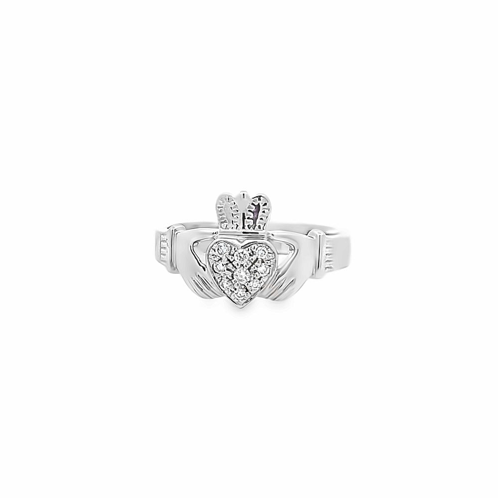 14k White Gold Round Diamond Ladies Claddagh Ring (0.12ctw.)