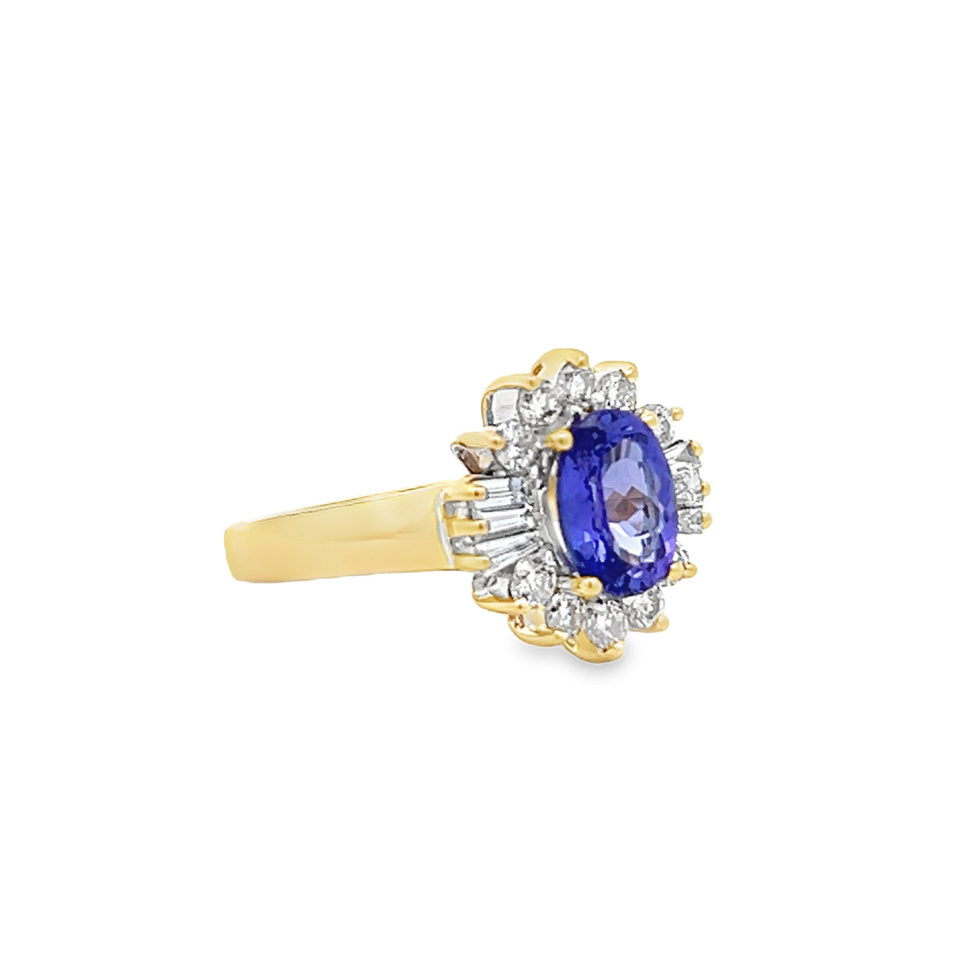 14k Yellow Gold Oval Tanzanite and Diamond Halo Ring (1.22ct.)