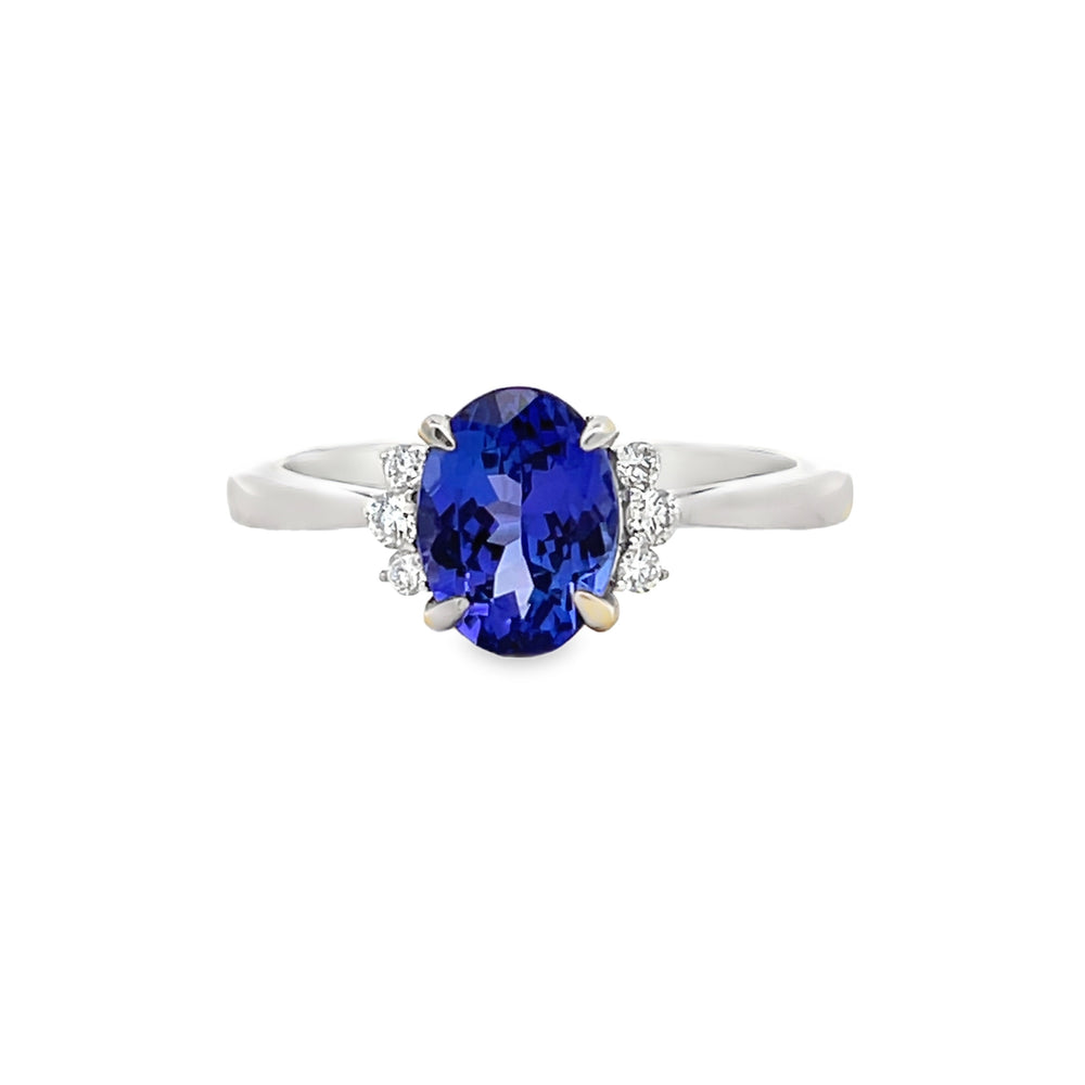 14k White Gold Oval Tanzanite and Round Diamond Prong Set Ring (1.68ct.)