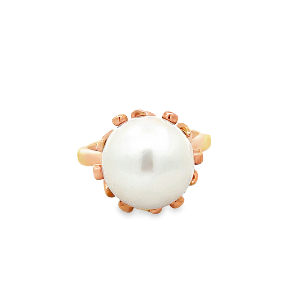 14k Rose Gold 13mm Freshwater Pearl and Round Diamond Nature Inspired Ring (0.18ctw.)