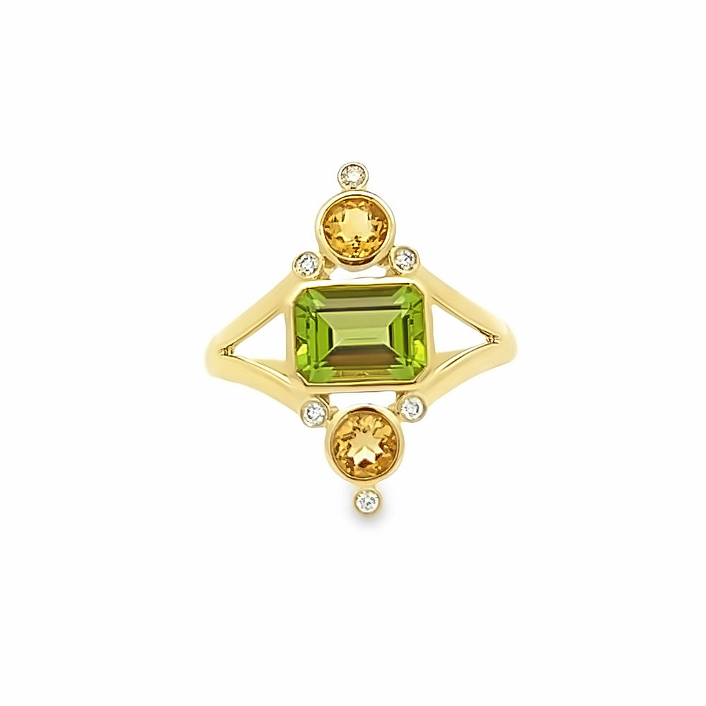 14k Yellow Gold Emerald Cut Peridot and Round Citrine Bezel Ring (1.60ct.)