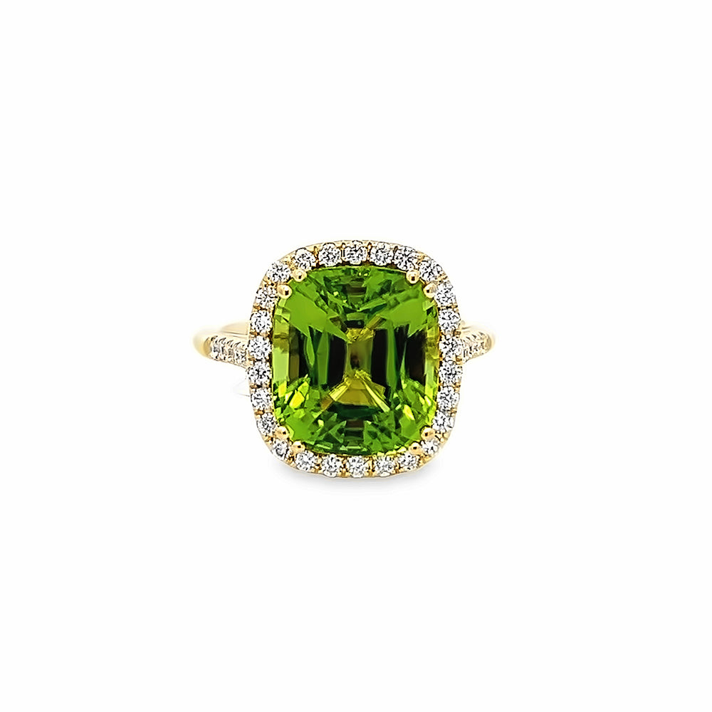18k Yellow Gold Cushion Cut Peridot and Diamond Halo Ring (7.05ct.)
