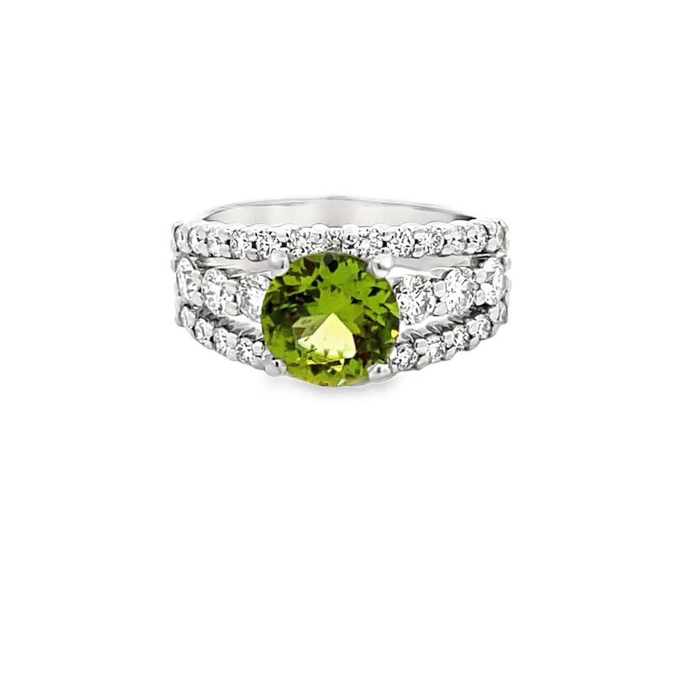 14k White Gold Round Peridot and Diamond Triple Band Ring (3.28ct.)