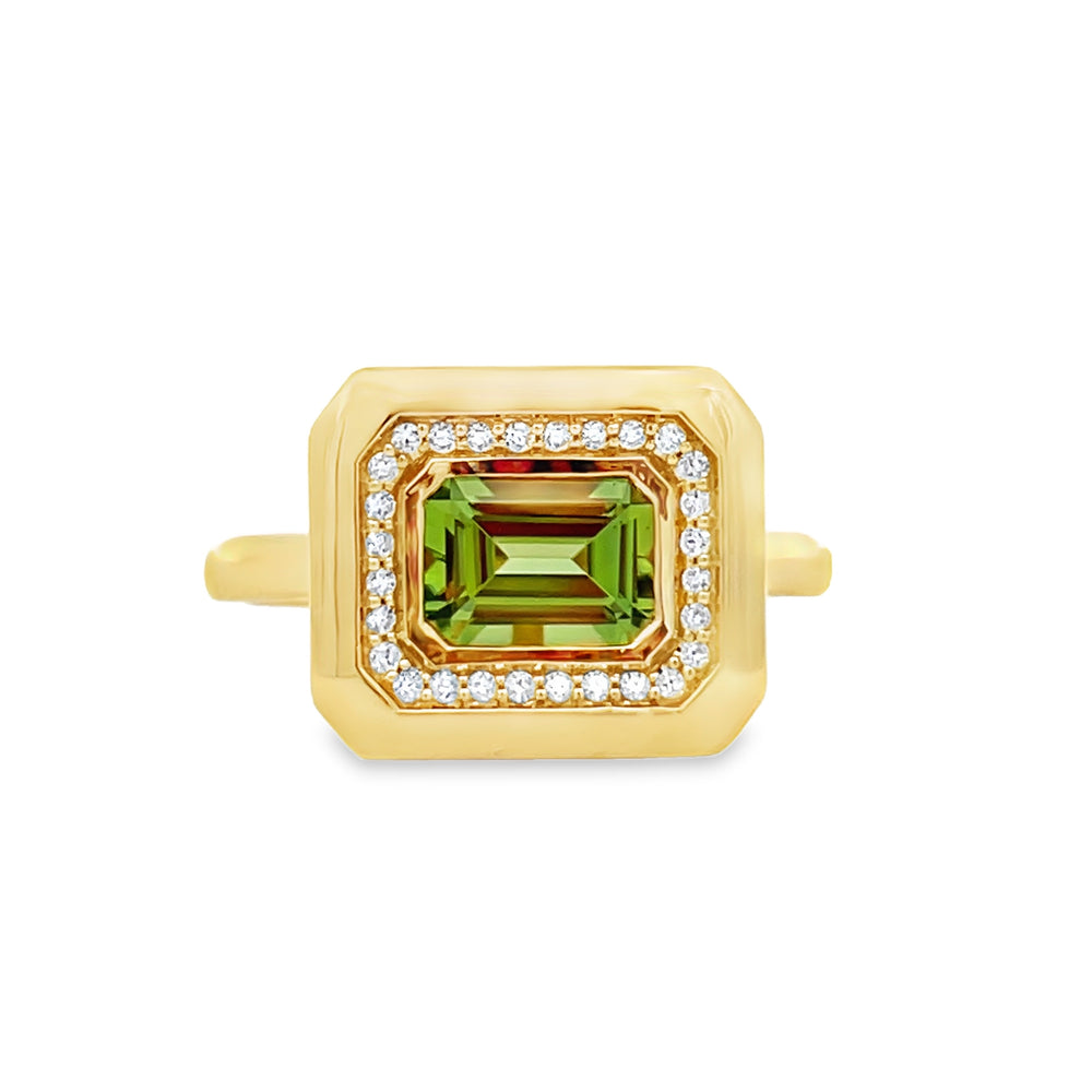 18k Yellow Gold Emerald Cut Peridot and Round Diamond Halo Ring (1.05ct.)