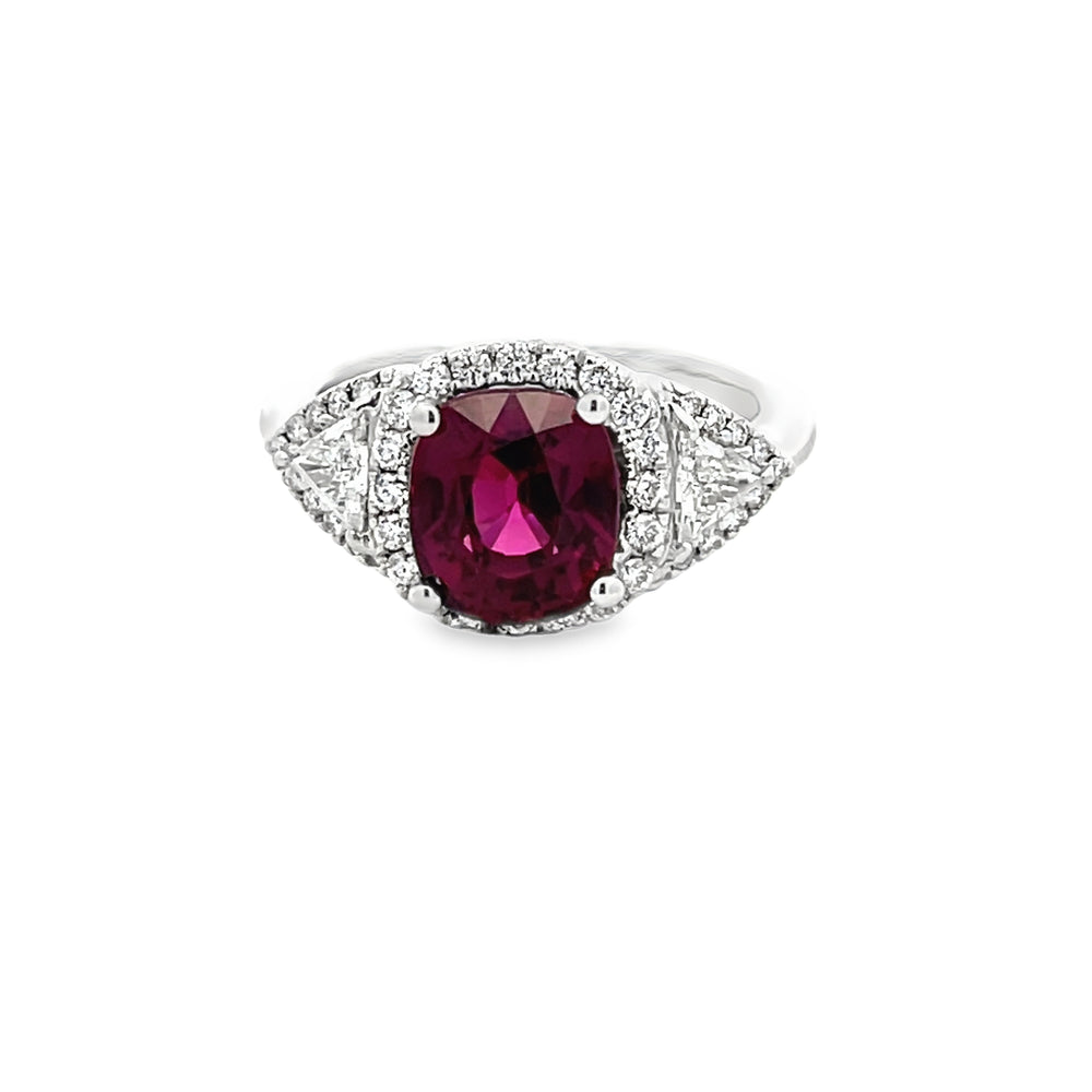 18k White Gold Cushion Cut Garnet and Trillion Cut Diamond Ring (3.64ct.)