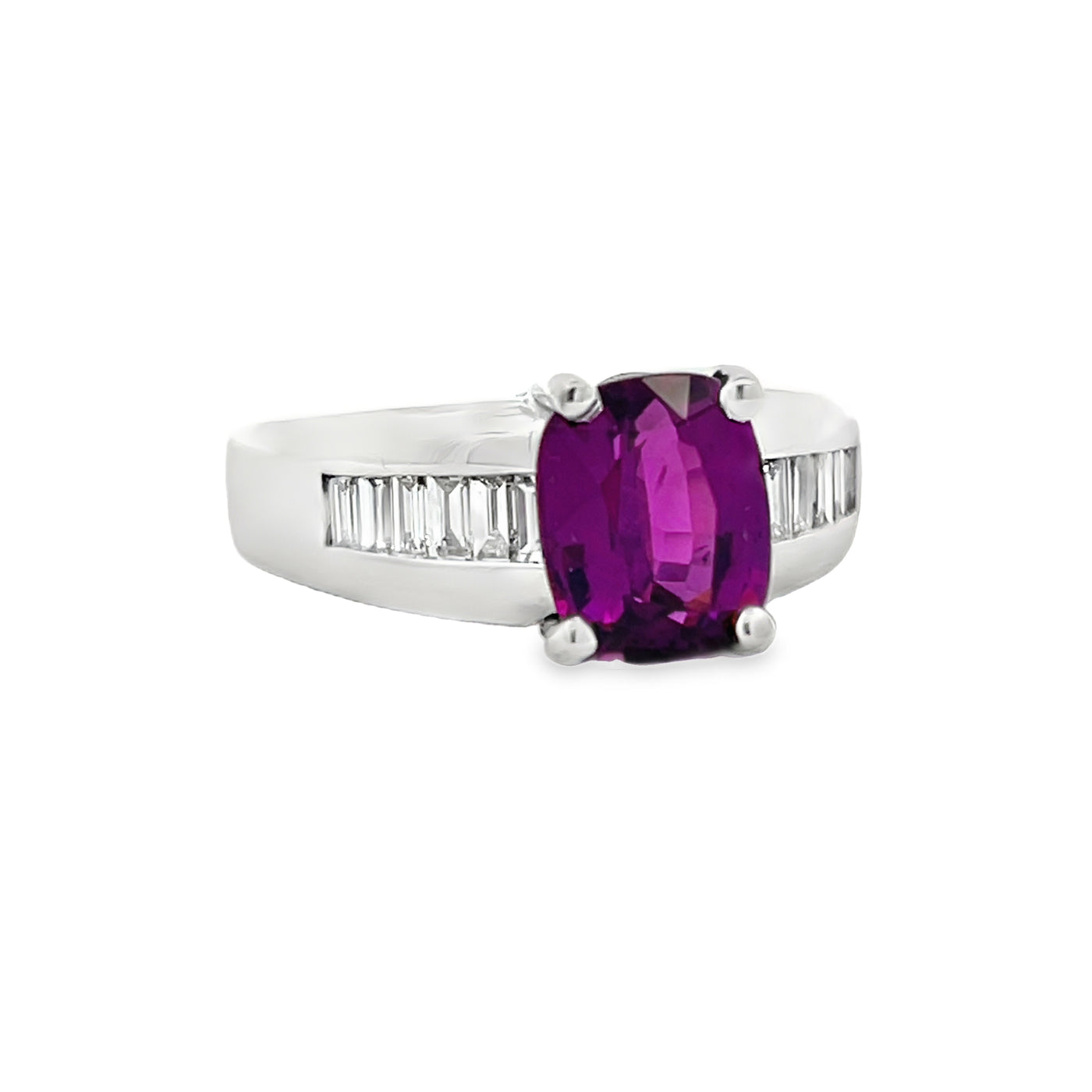 18k White Gold Oval Purple Garnet and Baguette Cut Diamond Ring (2.57ct.)