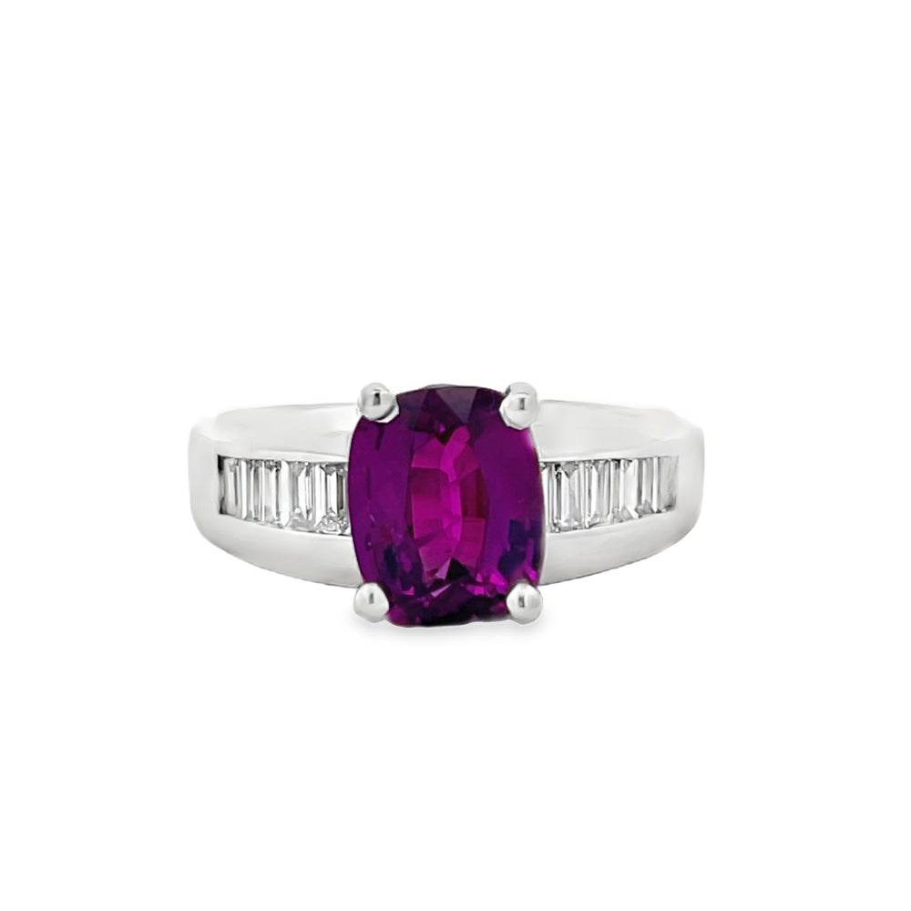 18k White Gold Oval Purple Garnet and Baguette Cut Diamond Ring (2.57ct.)