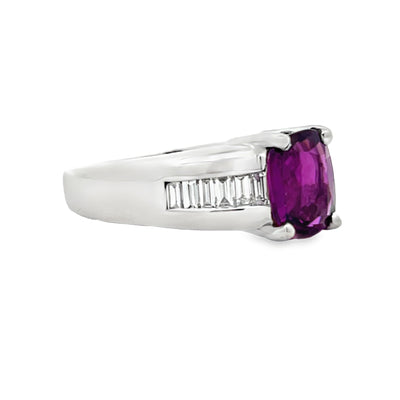 18k White Gold Oval Purple Garnet and Baguette Cut Diamond Ring (2.57ct.)