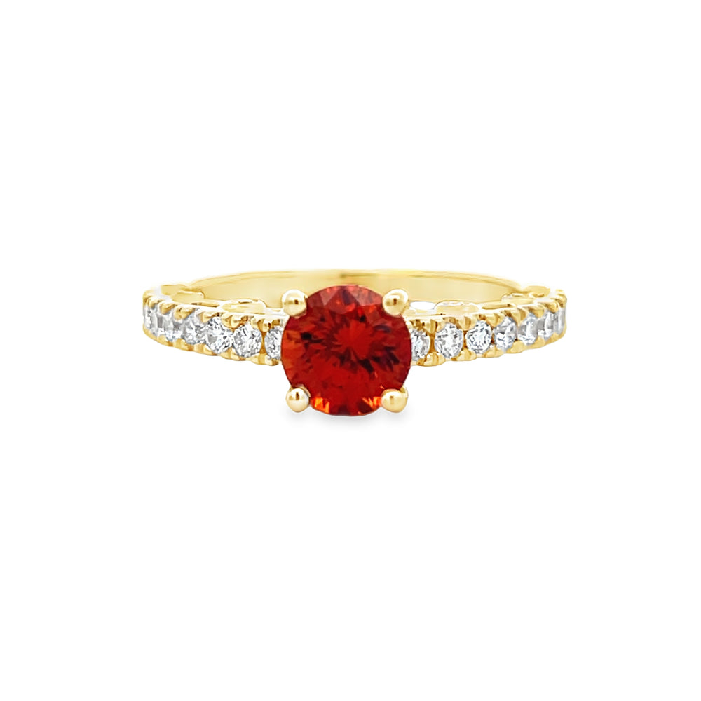 14k Yellow Gold Round Spessartite Garnet and Diamond Ring (1.09ctw.)