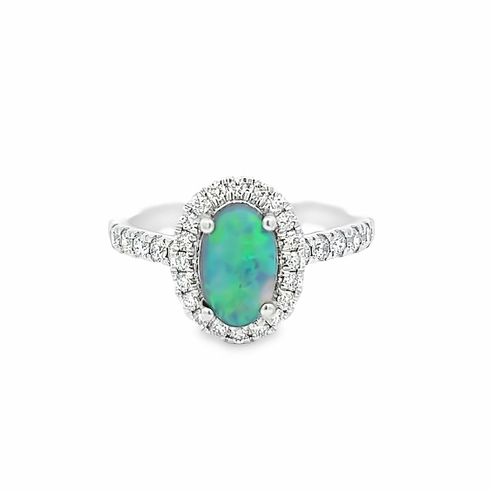 14k White Gold Oval Black Opal and Diamond Halo Ring (0.96ct.)