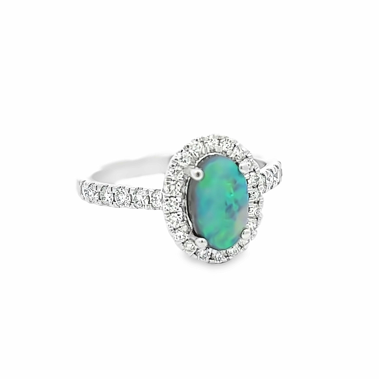 14k White Gold Oval Black Opal and Diamond Halo Ring (0.96ct.)