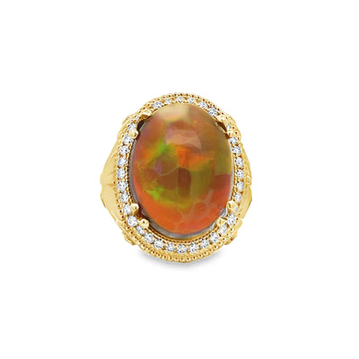 14k Yellow Gold Oval Opal and Round Diamond Halo Ring (10.78ct.)