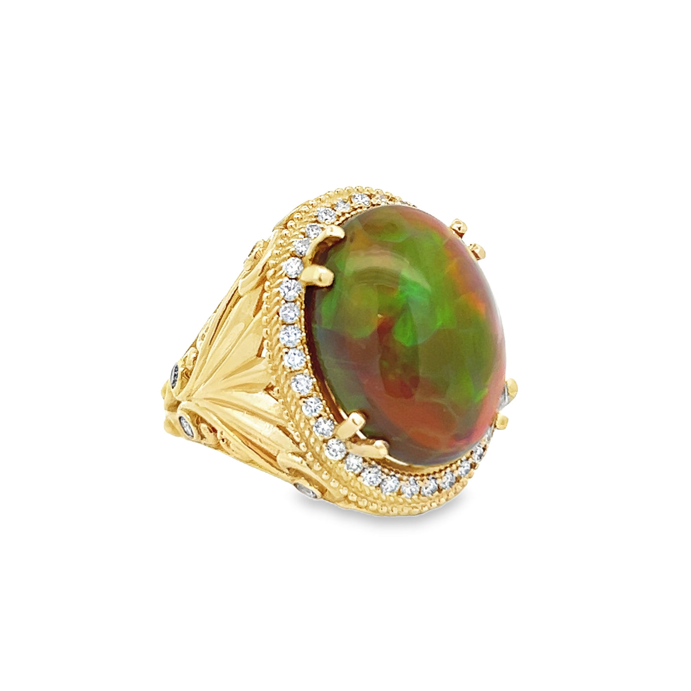 14k Yellow Gold Oval Opal and Round Diamond Halo Ring (10.78ct.)