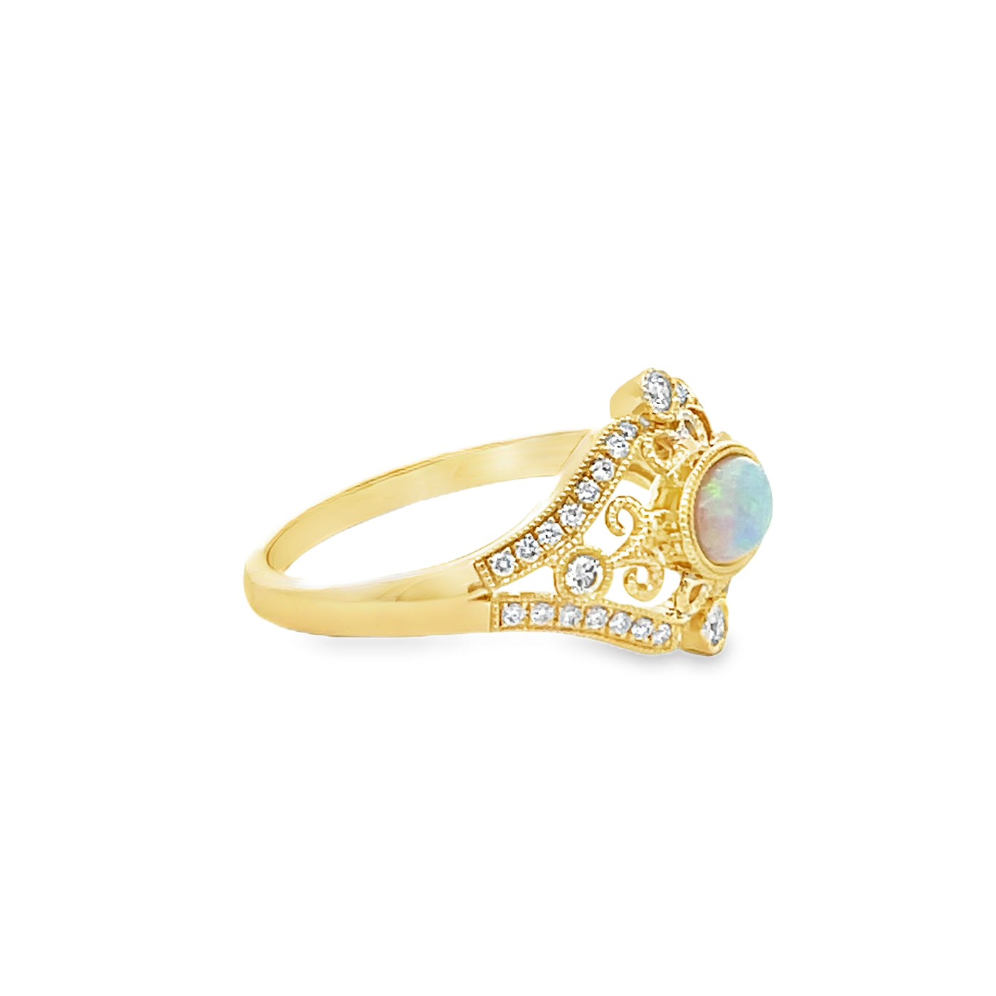 14k Yellow Gold Oval Opal and Round Diamond Vintage Inspired Halo Ring (0.27ct.)
