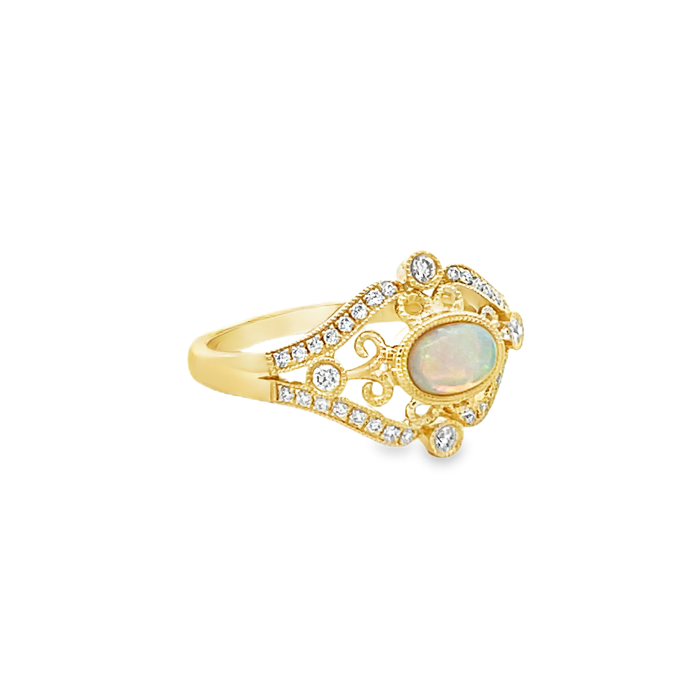 14k Yellow Gold Oval Opal and Round Diamond Vintage Inspired Halo Ring (0.27ct.)