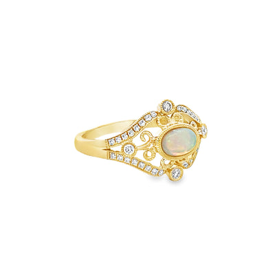 14k Yellow Gold Oval Opal and Round Diamond Vintage Inspired Halo Ring (0.27ct.)