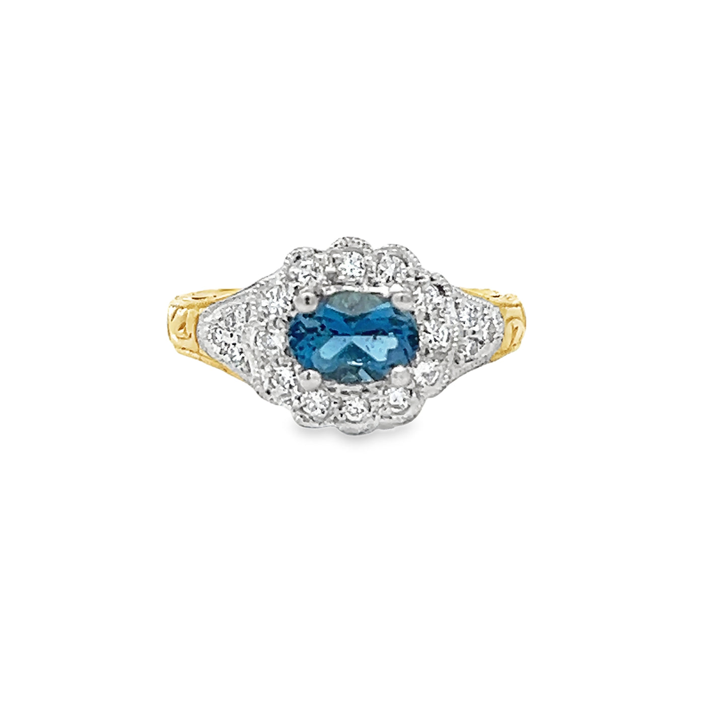 18k Yellow Gold and Platinum Oval Aquamarine and Round Diamond Halo Ring (0.68ctw.)