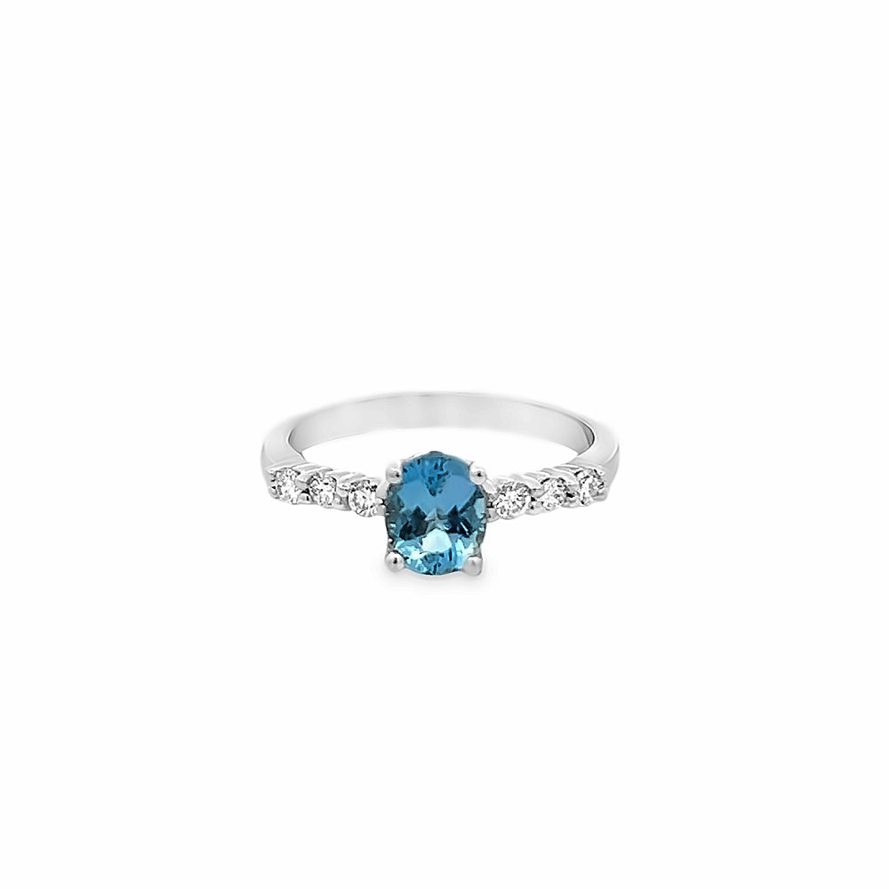 14k White Gold Oval Aquamarine and Round Diamond Prong Set Ring (0.83ct.)
