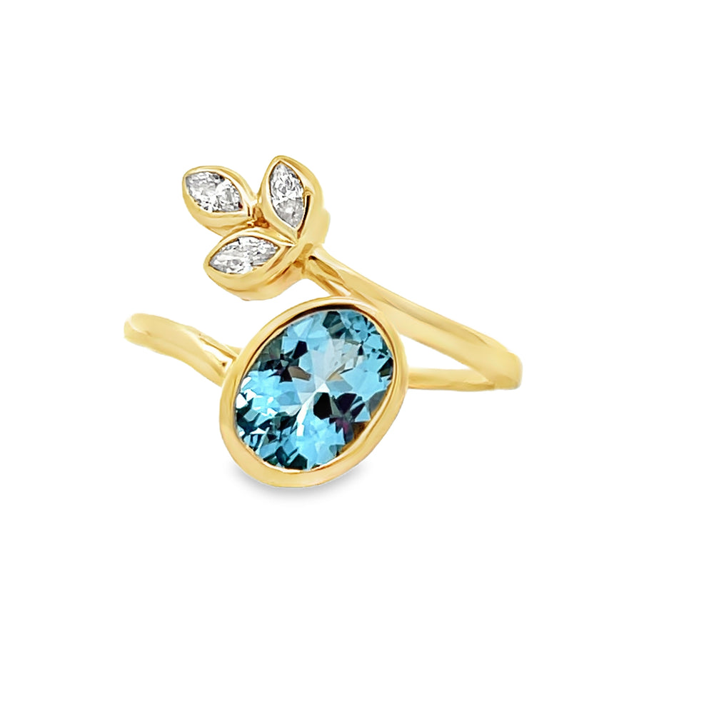 14k Yellow Gold Oval Aquamarine and Marquise Diamond Bezel Set Ring by Paul Richter (1.07ct.)