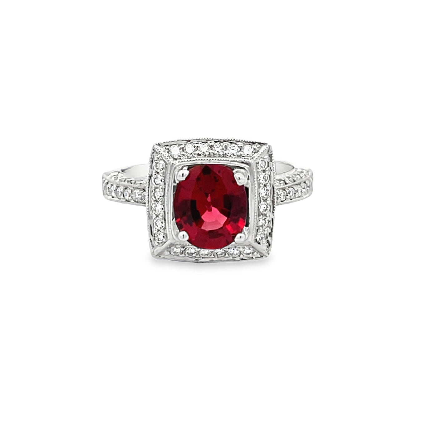18k White Gold Red Spinel and Round Diamond Prong Set Halo Ring (1.33ct.)