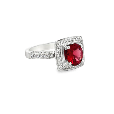 18k White Gold Red Spinel and Round Diamond Prong Set Halo Ring (1.33ct.)