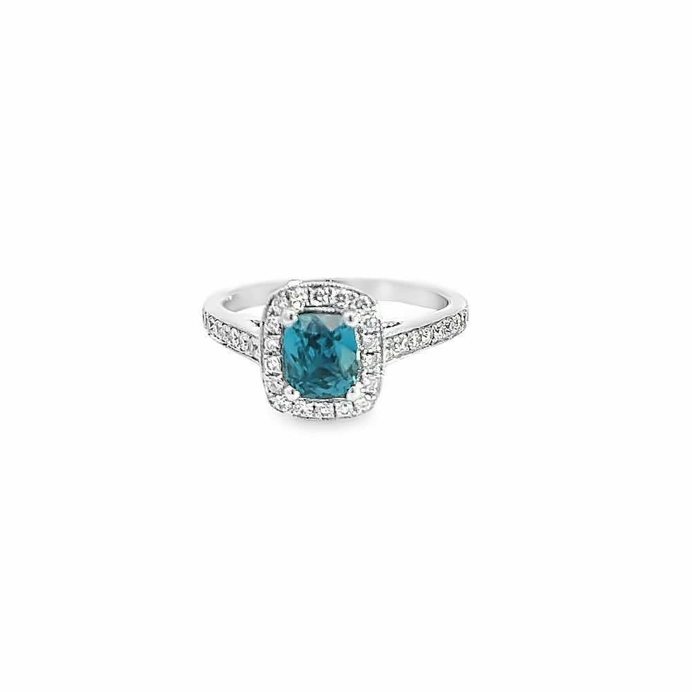 14k White Gold Cushion Cut Blue Zircon and Round Diamond Halo Ring (1.41ct.)