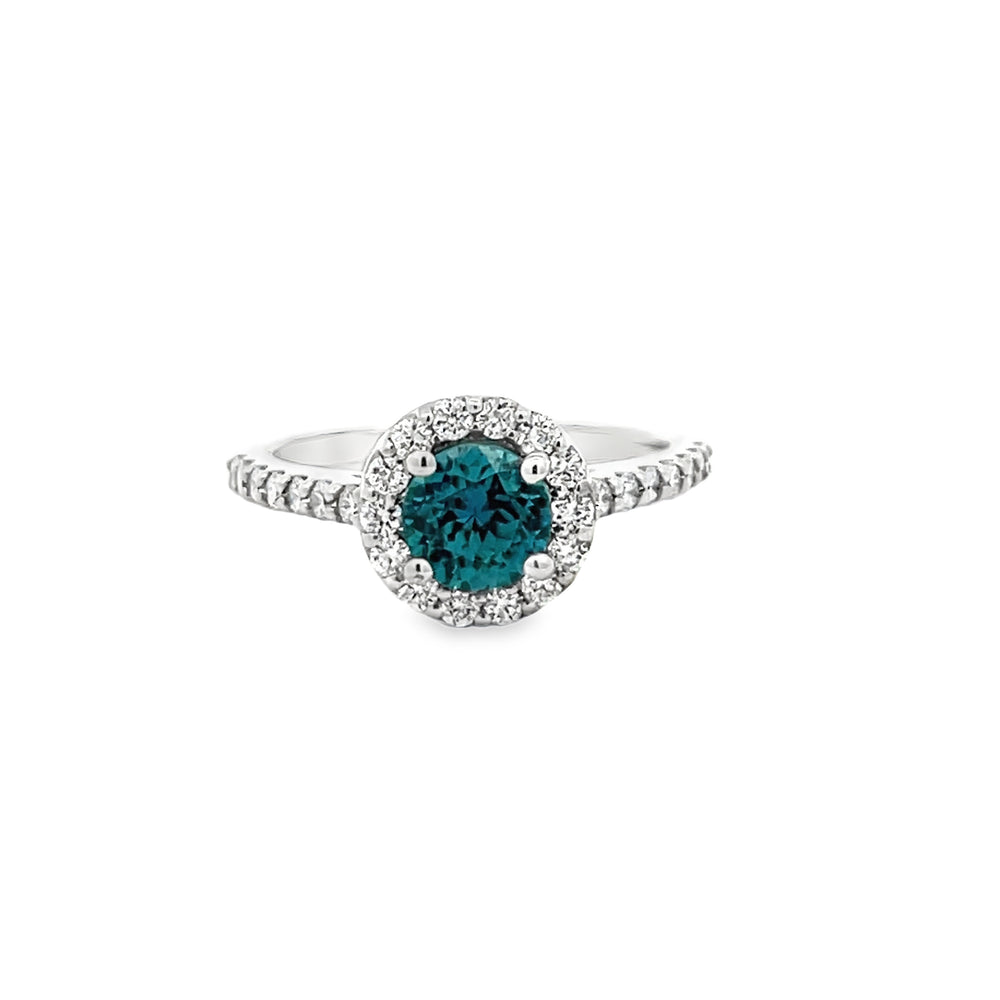 14k White Gold Round Blue Zircon and Round Diamond Halo Ring (1.52ct.)