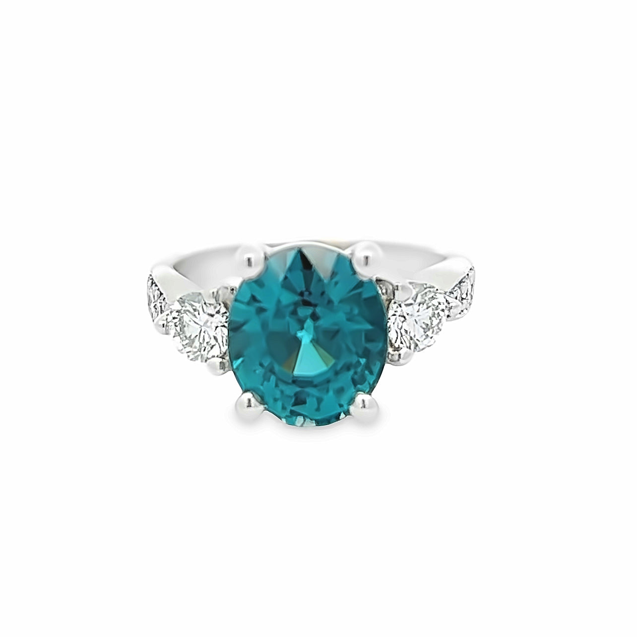 14k White Gold Oval Blue Zircon and Round Diamond Ring (6.11ct.)