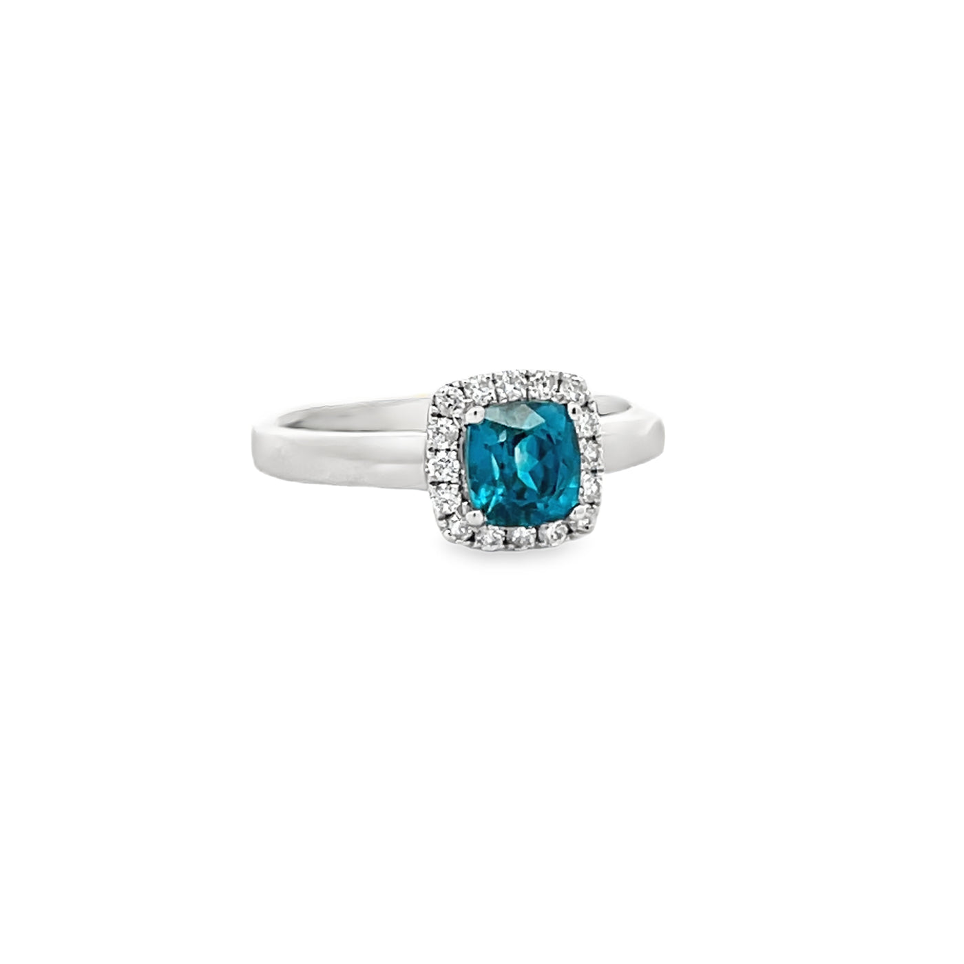 14k White Gold Cushion Cut Blue Zircon and Round Diamond Halo Ring (1.21ct.)