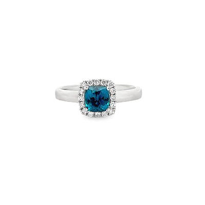 14k White Gold Cushion Cut Blue Zircon and Round Diamond Halo Ring (1.21ct.)