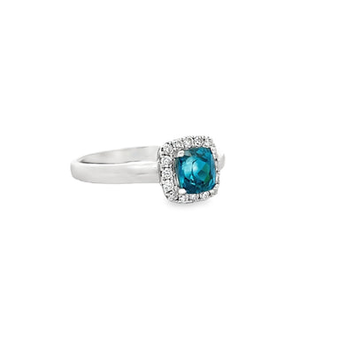 14k White Gold Cushion Cut Blue Zircon and Round Diamond Halo Ring (1.21ct.)