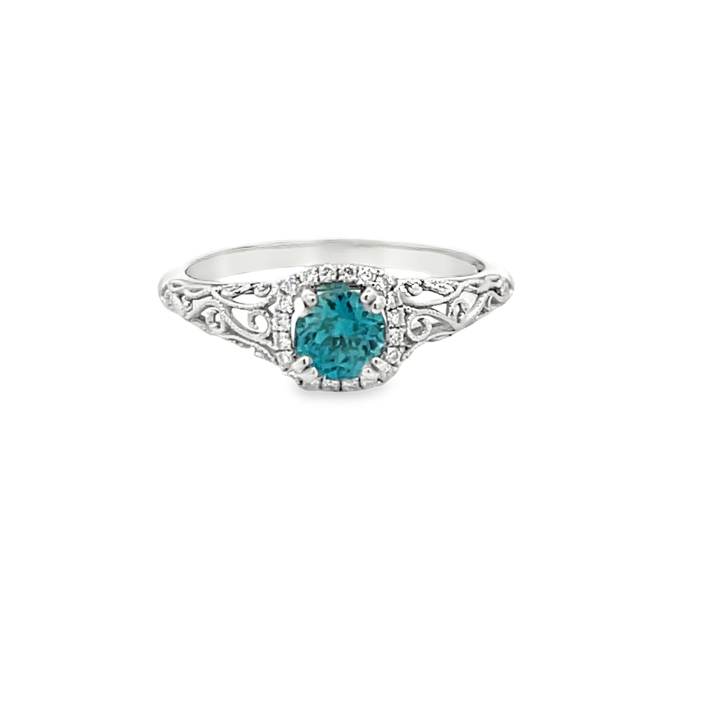 14k White Gold Round Blue Zircon and Diamond Vintage Inspired Halo Ring (0.87ct.)