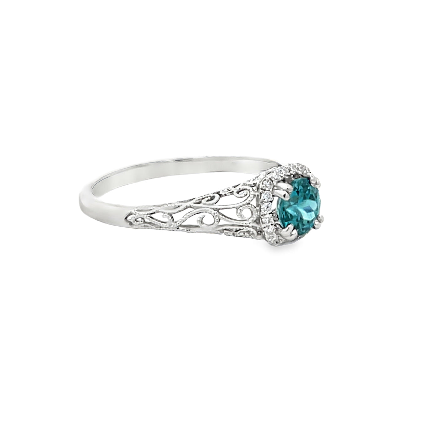14k White Gold Round Blue Zircon and Diamond Vintage Inspired Halo Ring (0.87ct.)
