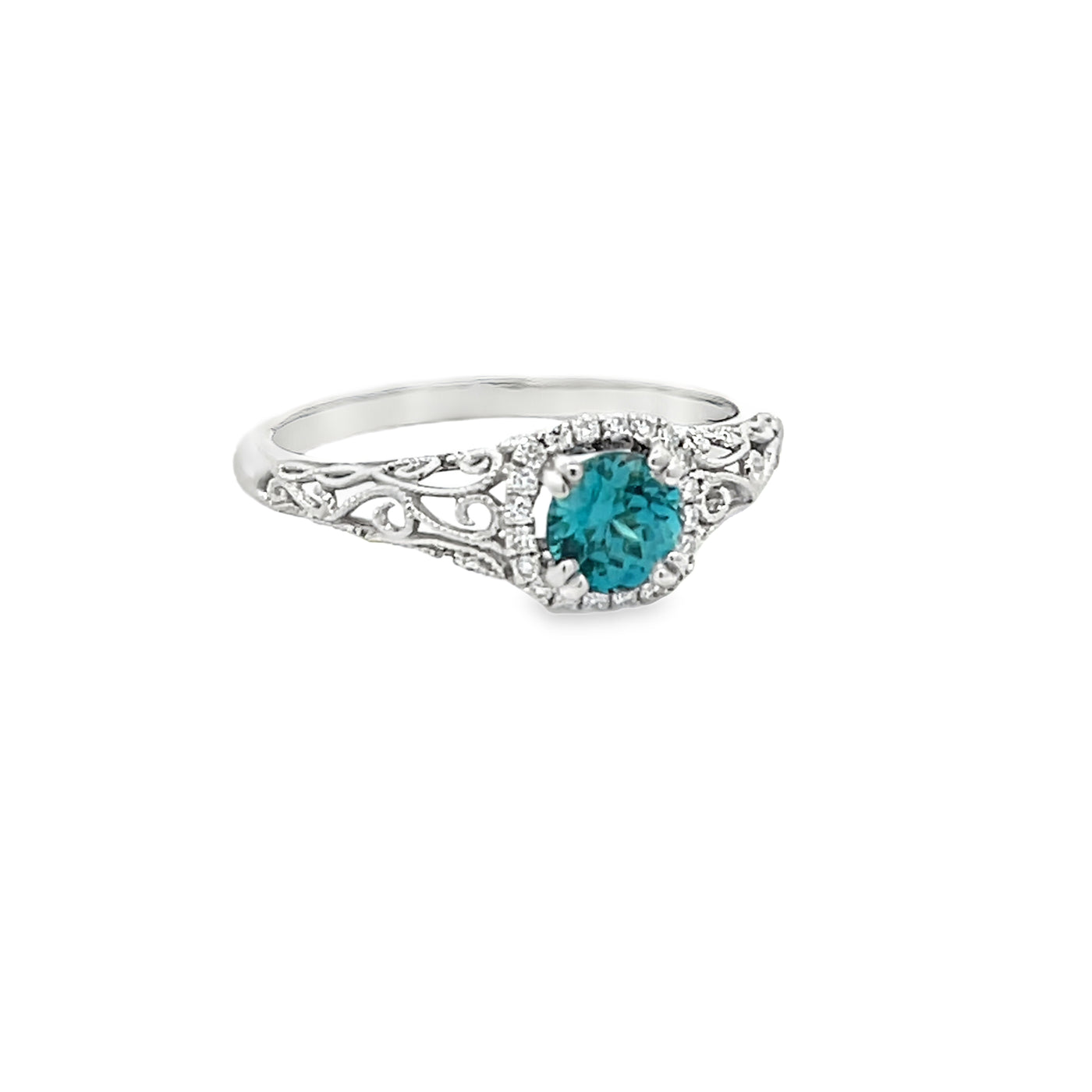 14k White Gold Round Blue Zircon and Diamond Vintage Inspired Halo Ring (0.87ct.)