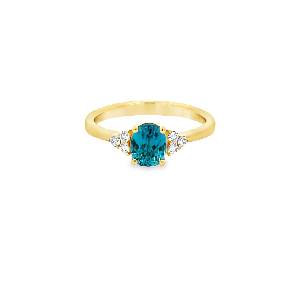 18k Yellow Gold Oval Blue Zircon and Round Diamond Ring (1.33ct.)