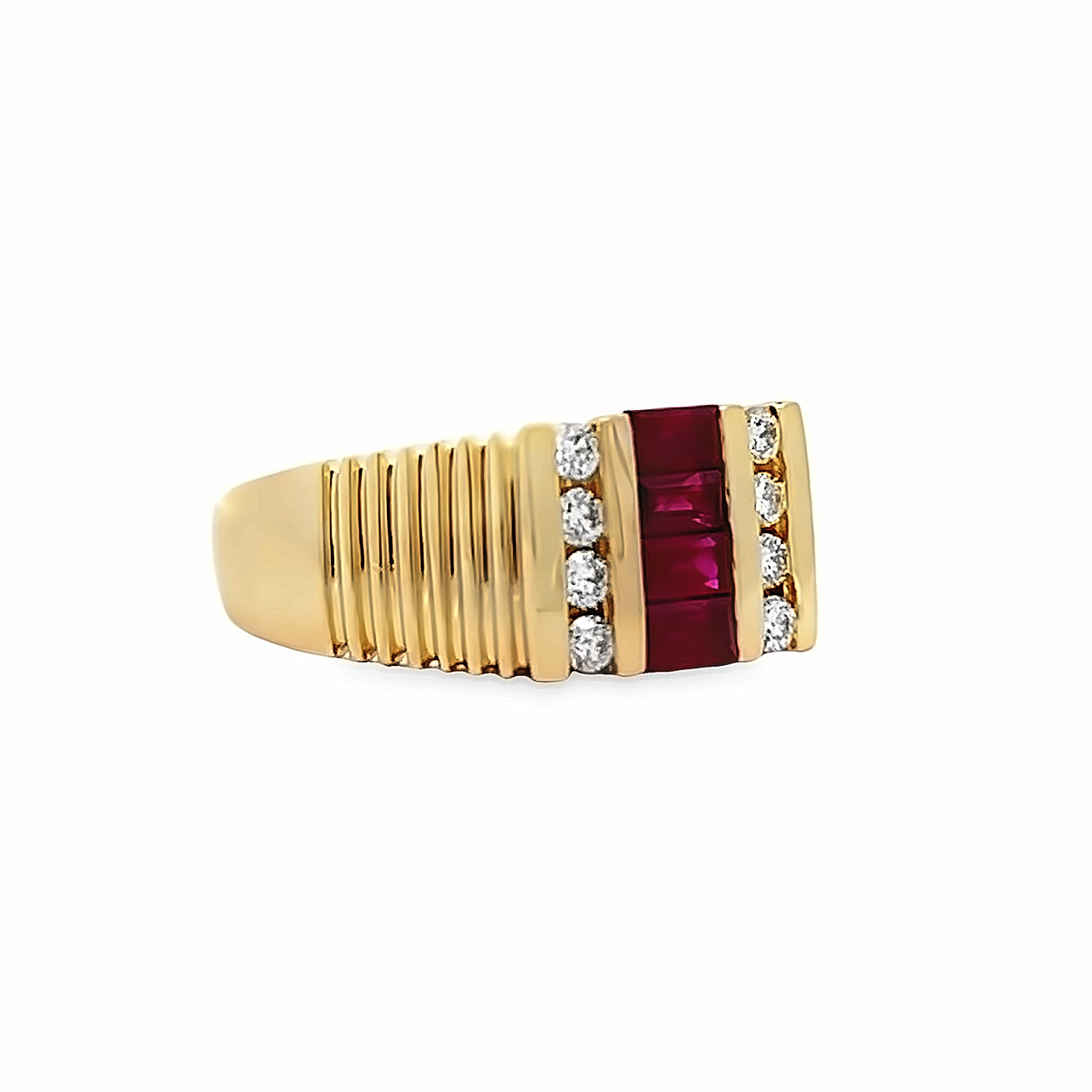 14k Yellow Gold Men's Baguette Cut Ruby and Round Diamond Ring (1.40ctw.)