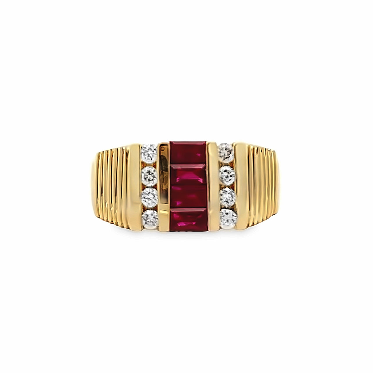 14k Yellow Gold Men's Baguette Cut Ruby and Round Diamond Ring (1.40ctw.)